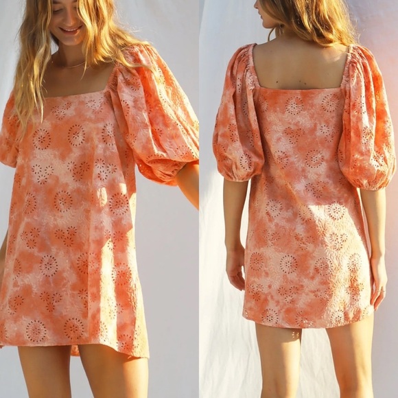 JEN'S PIRATE BOOTY Womens M Apricot Ashbury Swirl Eyelet Puff Sleeves Mini Dress - Picture 12 of 12